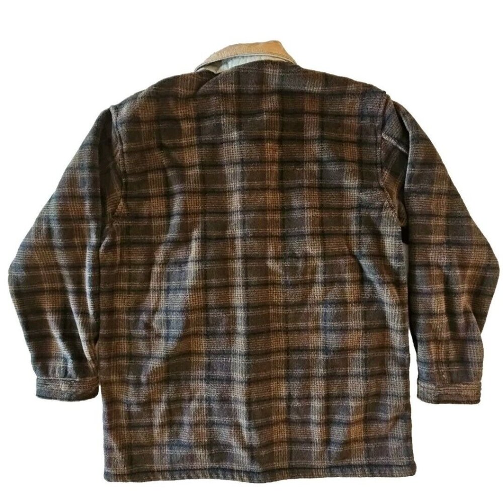 Orvis Fleece Teddy Jacket Mens XL Brown Black Plaid Faux Suede Utility Vintage - Picture 10 of 13